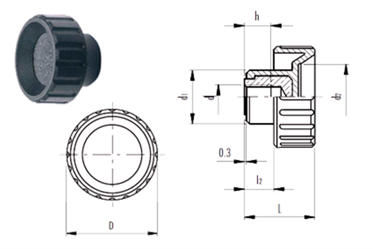 Knurled knob, BT.16 B-M4, Ø16 mm, M4x6 mm inner thread, knob black polyamide, brass thread bush D=16 mm, L=13 mm, d1=11 mm, d2=9 mm, l2=5 mm